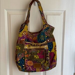 FOSSIL Vintage Floral Canvas BOHO Shoulder Bag Leather Trim